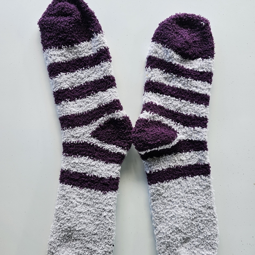 Fuzzy purple/white striped socks. Never used - Picture 2 of 2